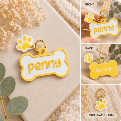 Personalized Dog Tag with Phone Number, Custom Pet ID Tag, Bone Shaped Dog Name Tag, Personalized Puppy Tag, Matching Paw Charm