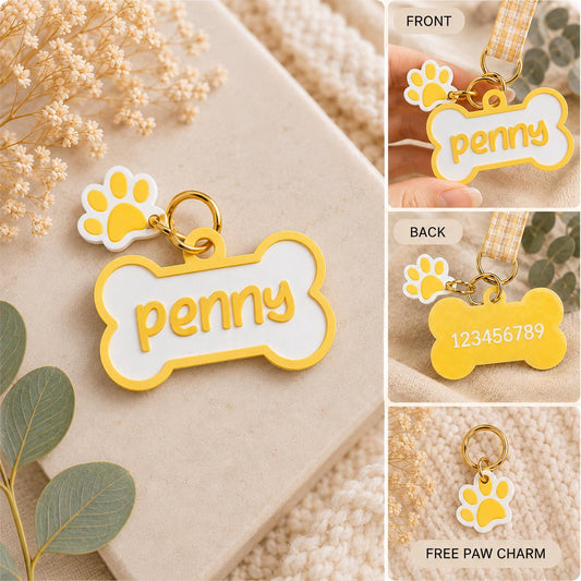 Personalized Dog Tag with Phone Number, Custom Pet ID Tag, Bone Shaped Dog Name Tag, Personalized Puppy Tag, Matching Paw Charm