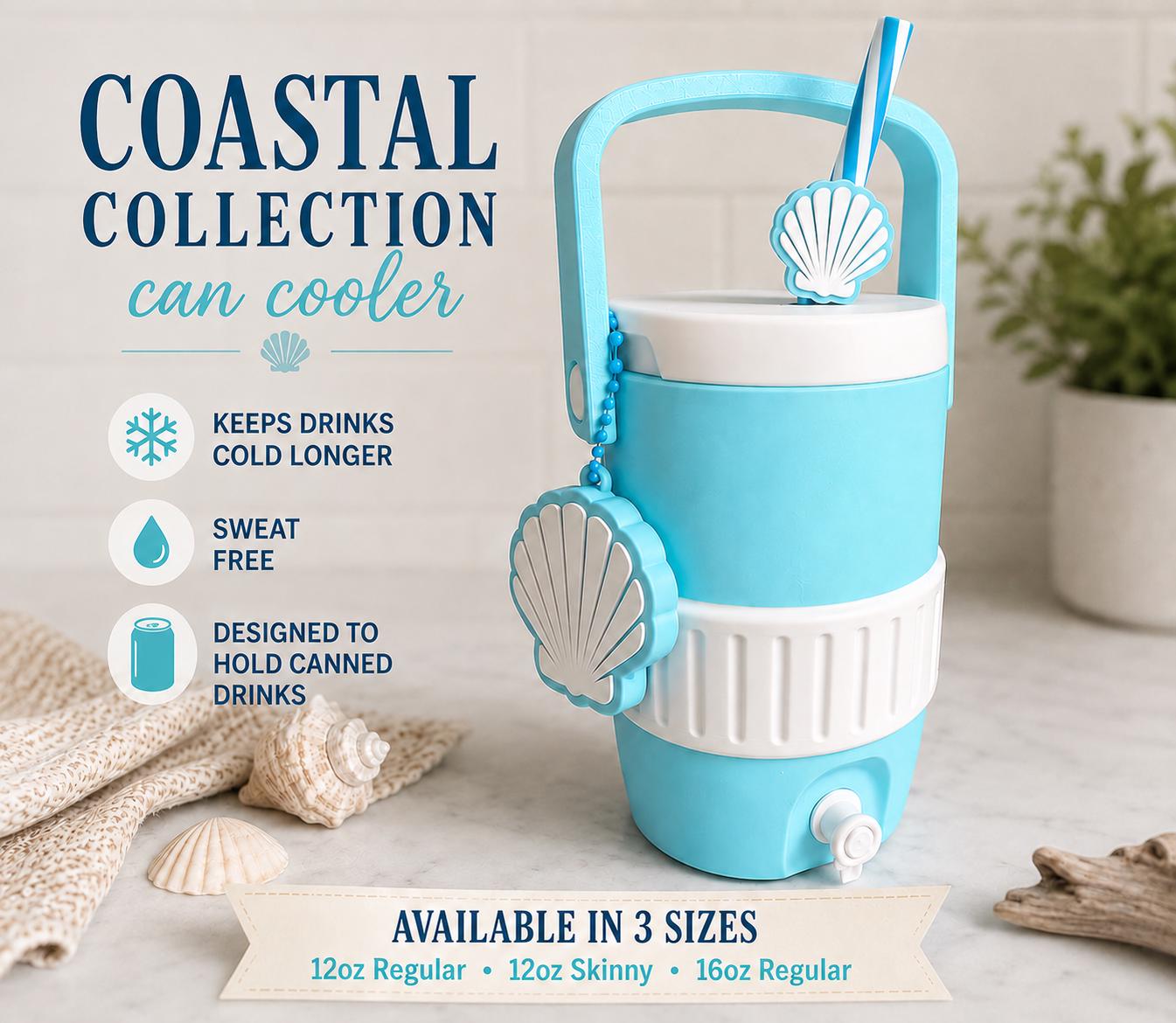 Coastal Can Cooler, 12oz Can Holder, Beach Drink Cooler, Seashell Can Cozy, 12oz Skinny Can Holder, 16oz Can Cooler, Coastal Lover Gift