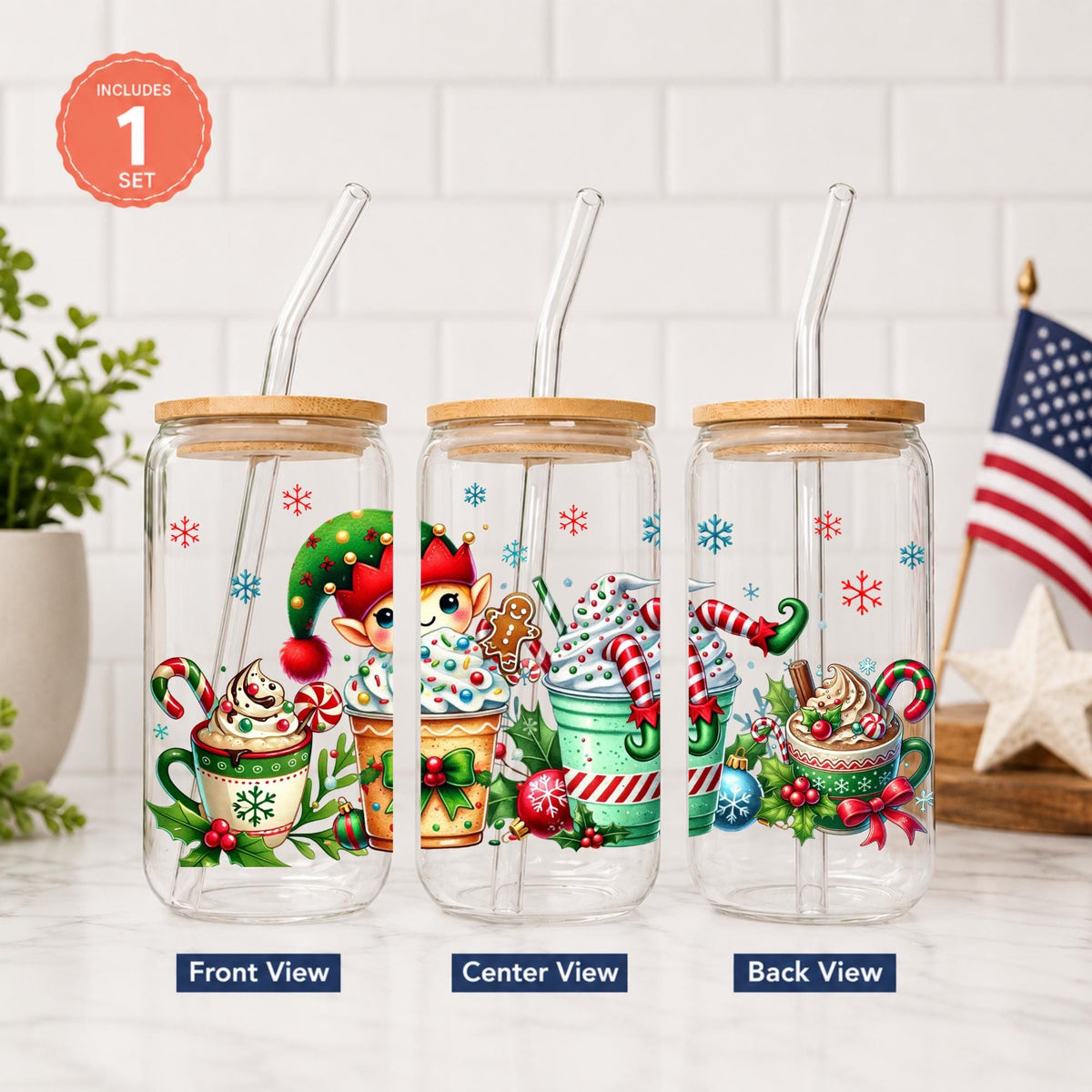 Christmas Glass Cup with Bamboo Lid & Straw, 16 oz Holiday Coffee Cup, Gingerbread Snowman Santa Iced Coffee Glass, Christmas Gift