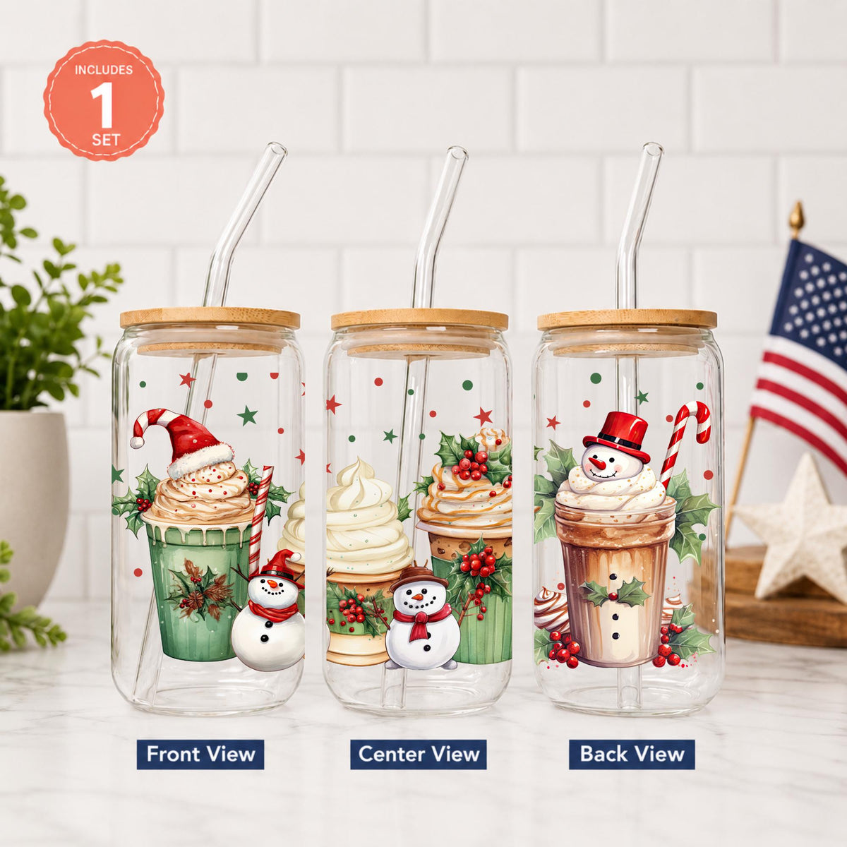 Christmas Glass Cup with Bamboo Lid & Straw, 16 oz Holiday Coffee Cup, Gingerbread Snowman Santa Iced Coffee Glass, Christmas Gift