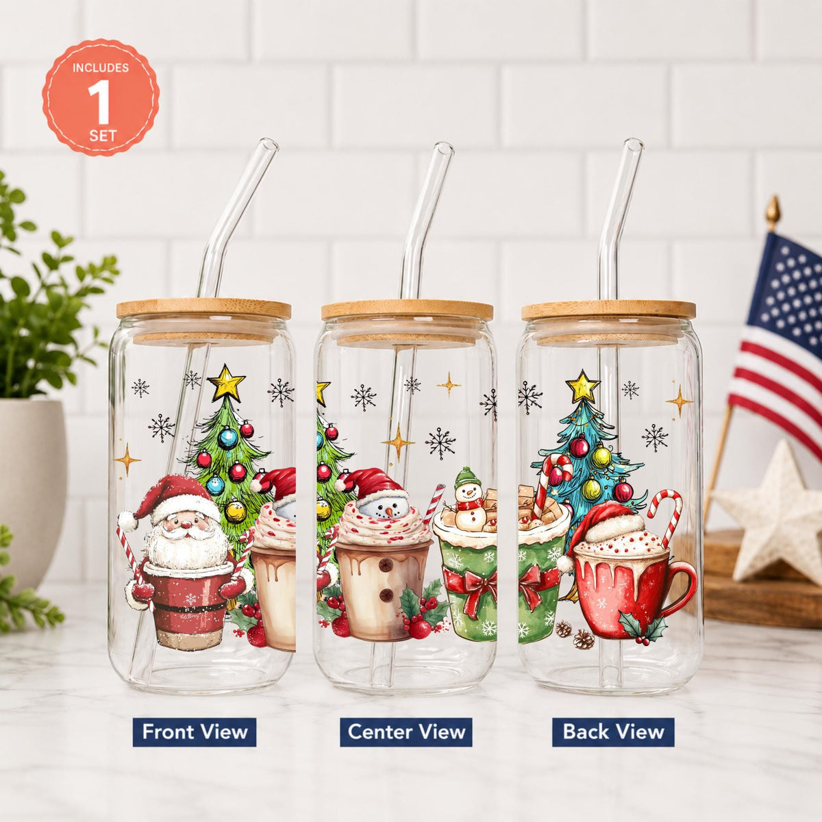 Christmas Glass Cup with Bamboo Lid & Straw, 16 oz Holiday Coffee Cup, Gingerbread Snowman Santa Iced Coffee Glass, Christmas Gift