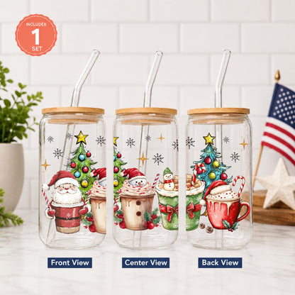 Christmas Glass Cup with Bamboo Lid & Straw, 16 oz Holiday Coffee Cup, Gingerbread Snowman Santa Iced Coffee Glass, Christmas Gift
