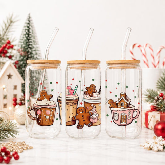 Christmas Glass Cup with Bamboo Lid & Straw, 16 oz Holiday Coffee Cup, Gingerbread Snowman Santa Iced Coffee Glass, Christmas Gift