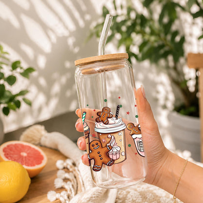 Christmas Glass Cup with Bamboo Lid & Straw, 16 oz Holiday Coffee Cup, Gingerbread Snowman Santa Iced Coffee Glass, Christmas Gift