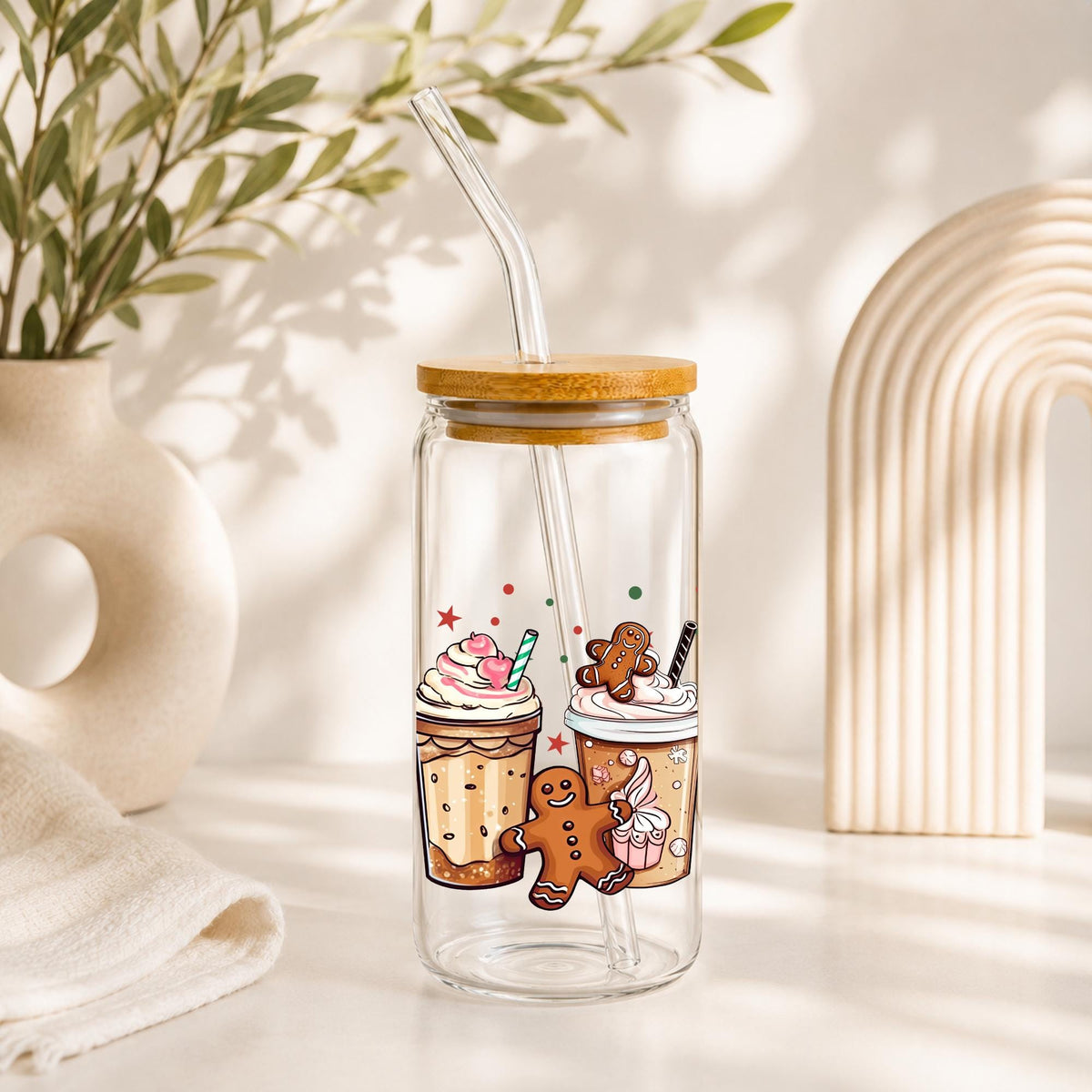Christmas Glass Cup with Bamboo Lid & Straw, 16 oz Holiday Coffee Cup, Gingerbread Snowman Santa Iced Coffee Glass, Christmas Gift
