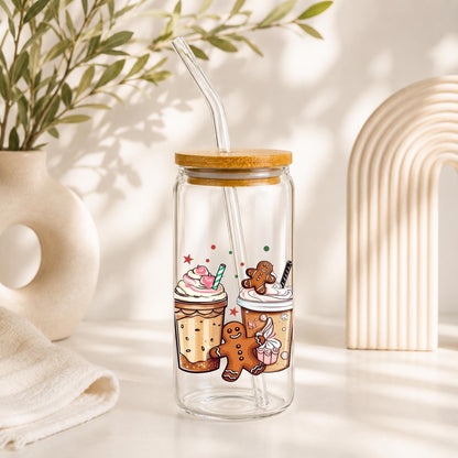 Christmas Glass Cup with Bamboo Lid & Straw, 16 oz Holiday Coffee Cup, Gingerbread Snowman Santa Iced Coffee Glass, Christmas Gift