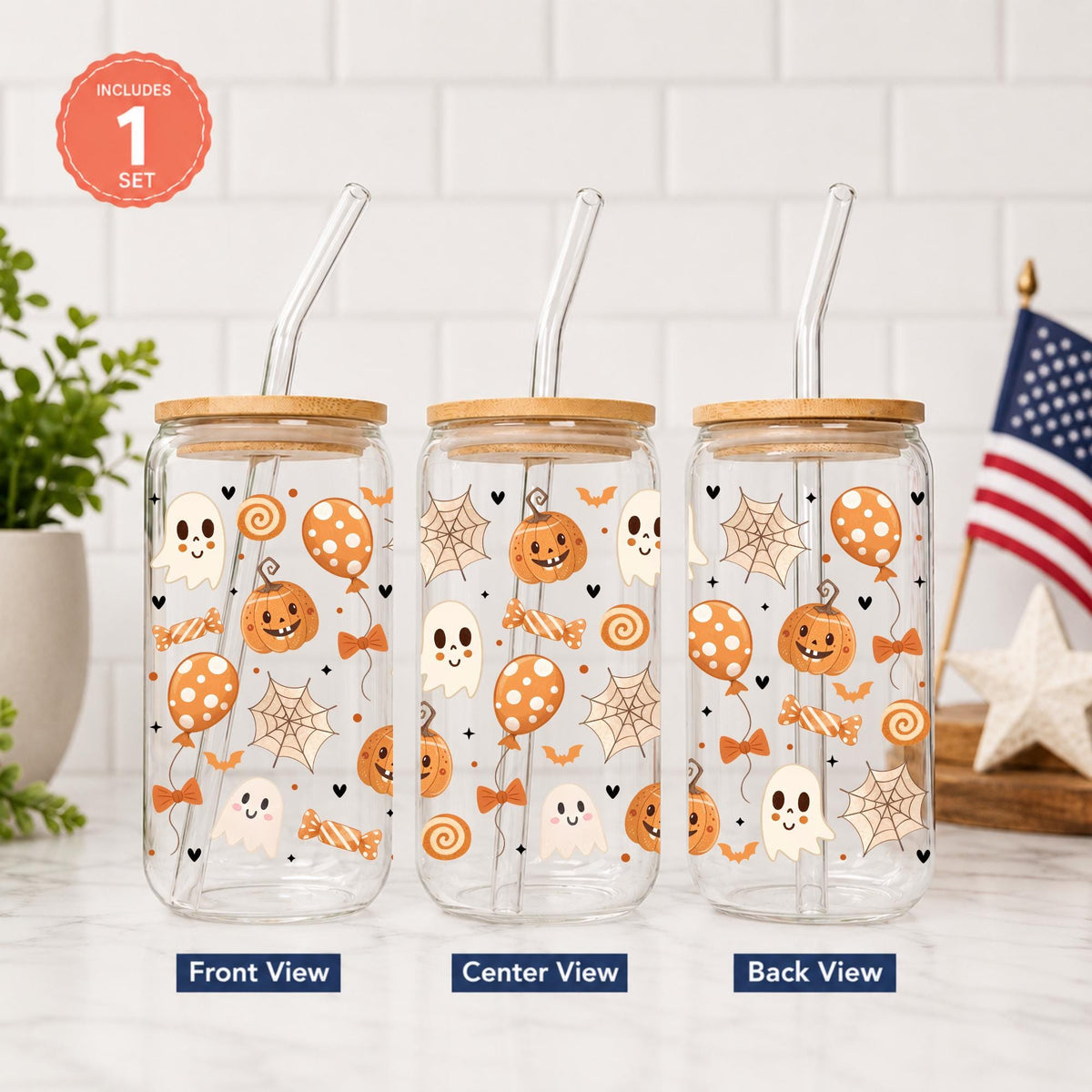 Halloween Glass Cup 20oz with Bamboo Lid and Glass Straw, Cute Ghost Pumpkin Libbey, Reusable Iced Coffee Glass Can, Spooky Season Cups