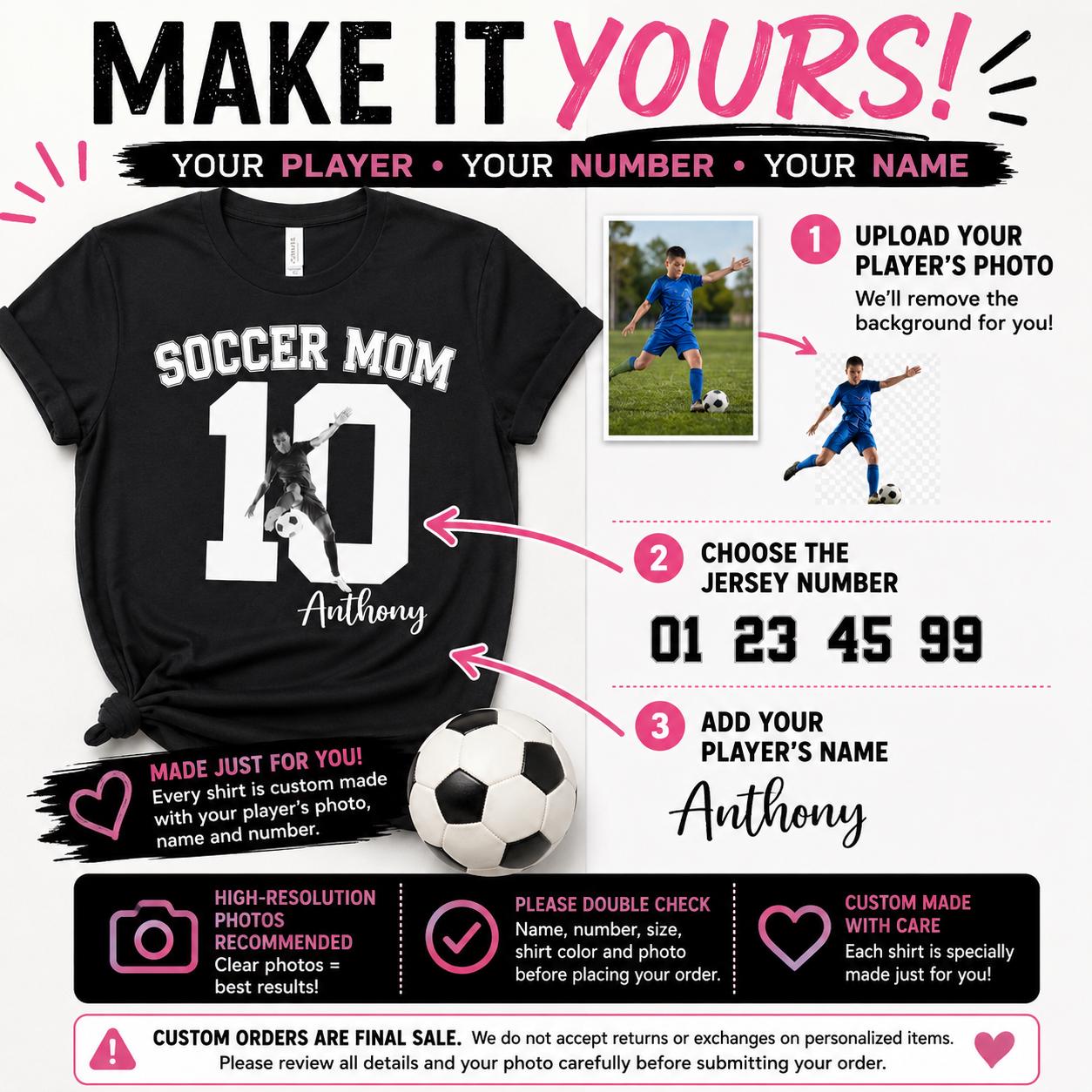 Personalized Soccer Mom Shirt with Player Photo, Custom Soccer Shirt, Player Name Number Tee, Soccer Mom Gift, Game Day Shirt