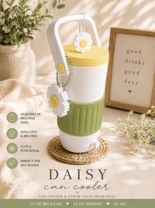 Cute white and sage green daisy insulated can cooler with yellow lid, glass straw, matching daisy straw topper and daisy can opener. Available in 12 oz skinny, 12 oz regular and 16 oz sizes. Individual accessories or complete matching bundle available.