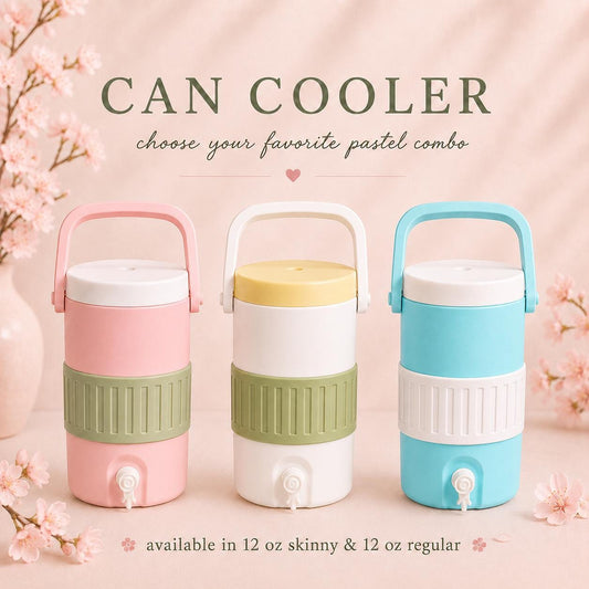 May include: Three cylindrical can coolers with handles and spigots, featuring pastel pink, white, and lavender bodies with sage green ribbed bands. Text reads: CAN COOLER choose your favorite pastel combo, available in 12 oz skinny,  12 oz regular y 16 oz regular