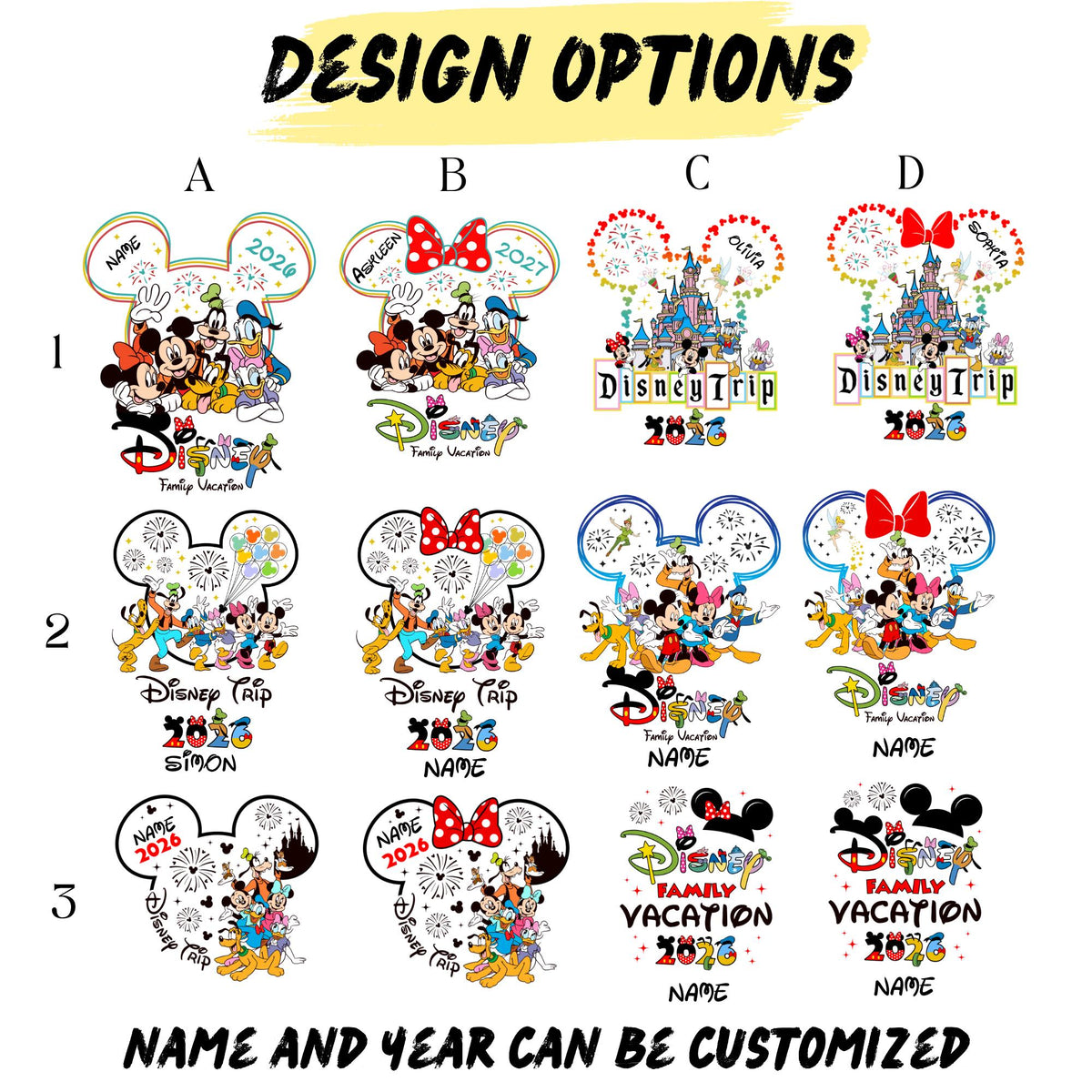 May include: A graphic featuring various Disney-themed designs. The designs include Mickey Mouse ears, Disney characters, and text such as "Disney Trip" and "Family Vacation." The designs are in different styles and colors, with options for personalization.