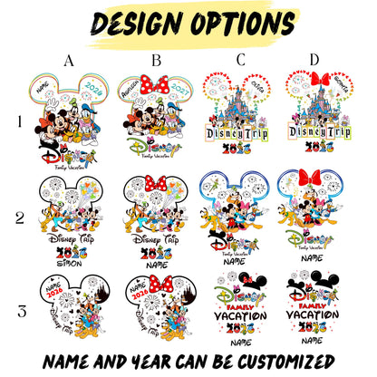 May include: A graphic featuring various Disney-themed designs. The designs include Mickey Mouse ears, Disney characters, and text such as "Disney Trip" and "Family Vacation." The designs are in different styles and colors, with options for personalization.