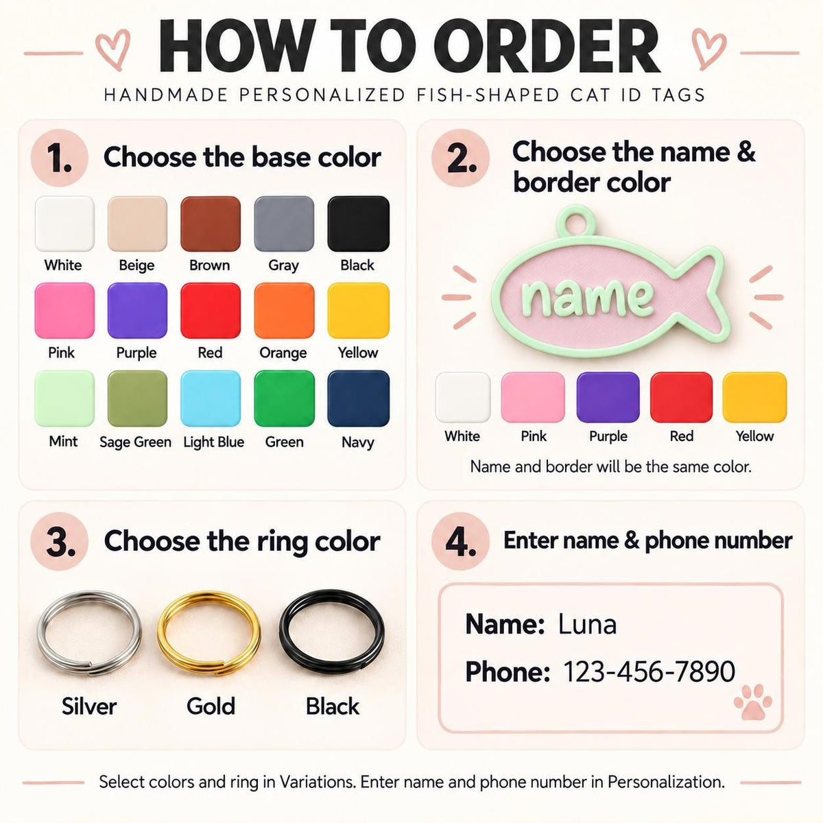Personalized Fish Cat ID Tag, Custom Name and Phone Number Pet ID Tag, Fish Shaped Cat Name Tag, Personalized Puppy Tag