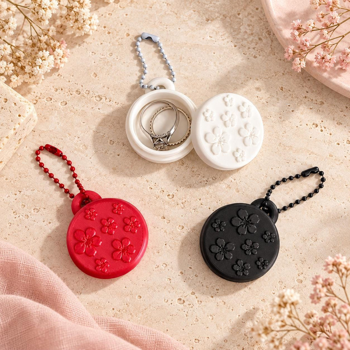 Floral Lip Balm Holder and Ring Keeper Set, Keychain Accessories, Matching Chain Included, Gift for Her