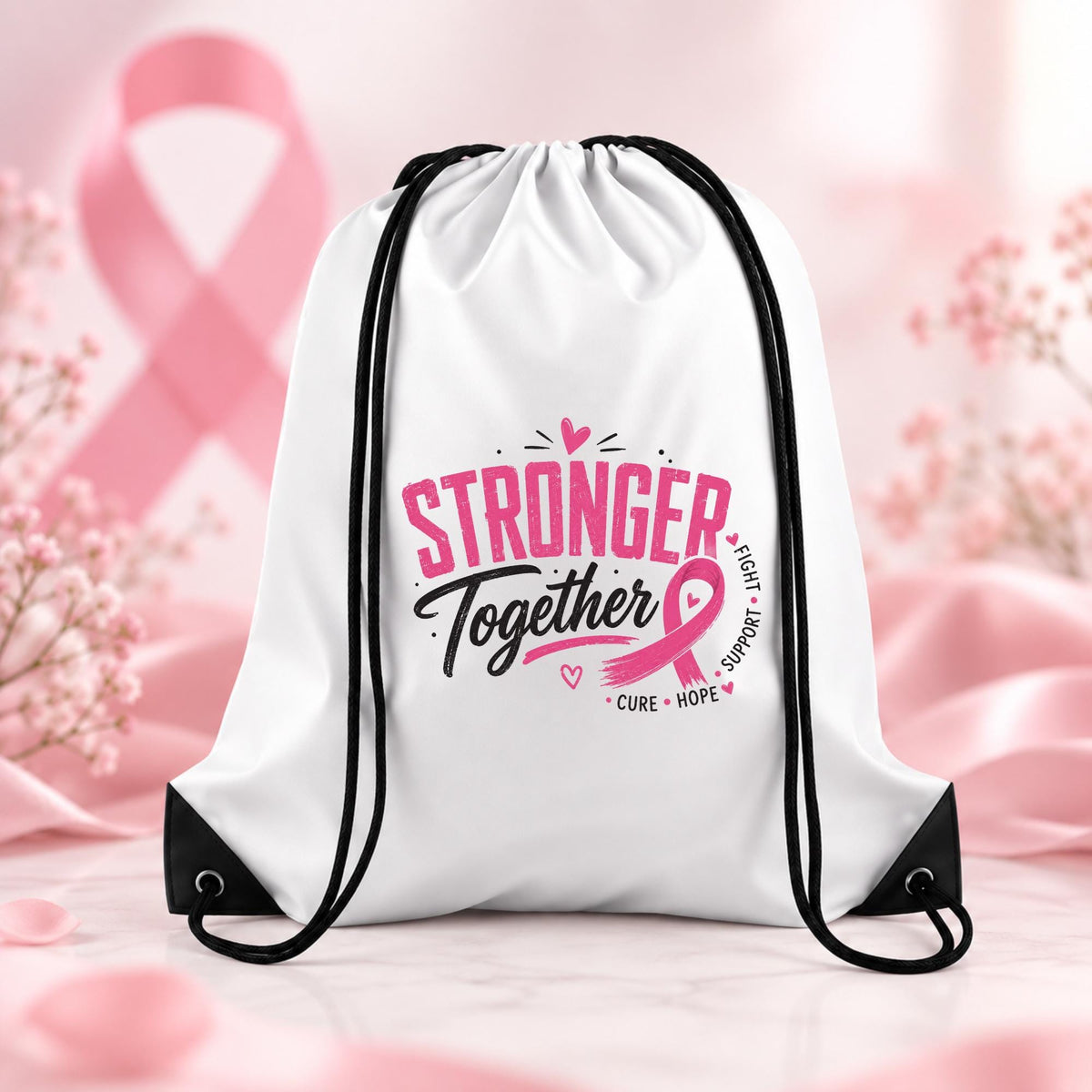White drawstring backpack with pink and black Stronger Together breast cancer awareness design featuring a pink ribbon, displayed on a soft pink awareness background.