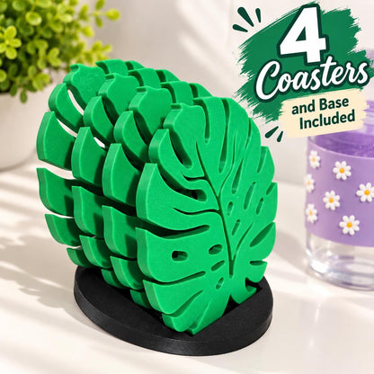 Monstera Leaf Coasters Set of 4 with Holder, 3D Printed Coasters, Tropical Home Decor, Plant Lover Gift, Green Drink Coaster Set