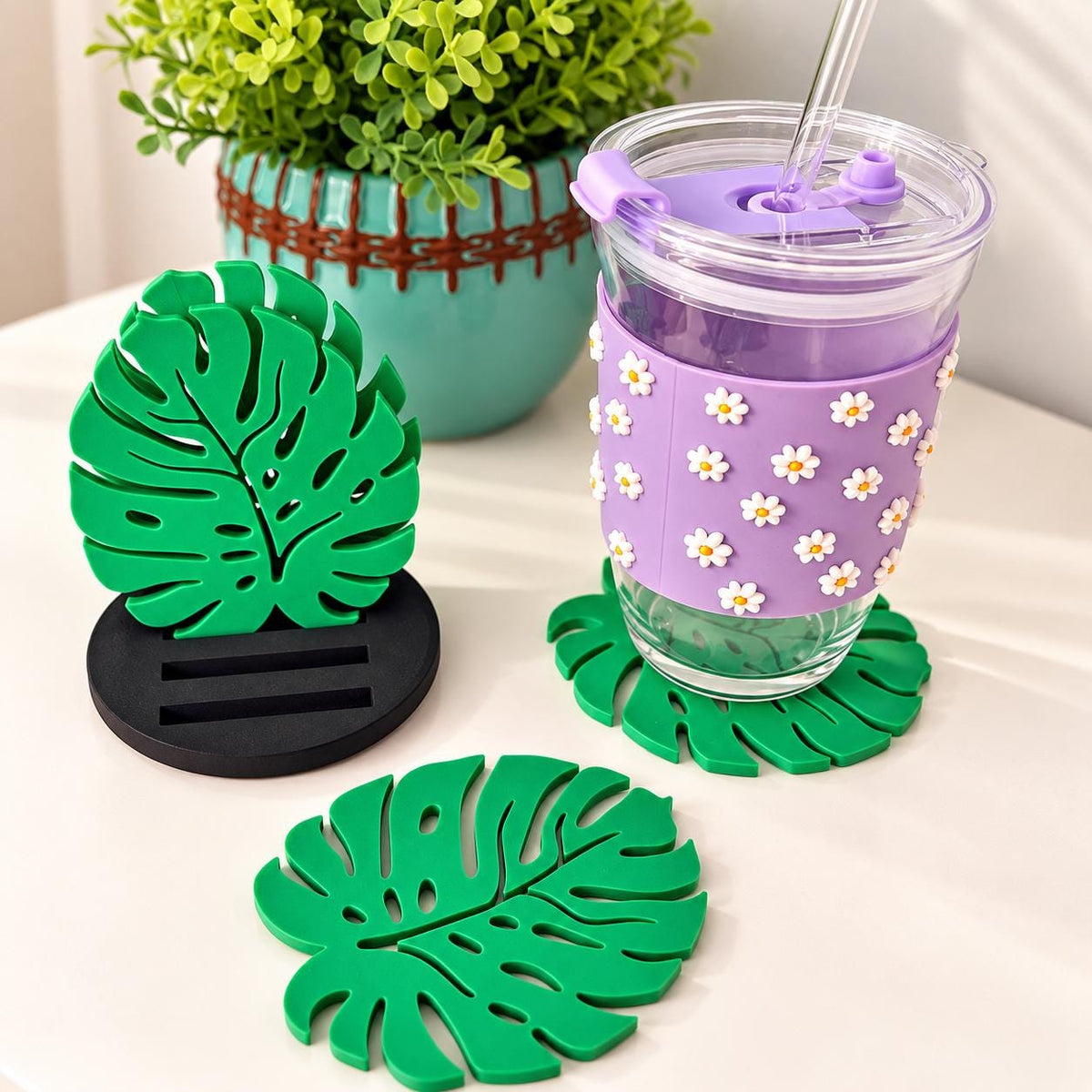 Monstera Leaf Coasters Set of 4 with Holder, 3D Printed Coasters, Tropical Home Decor, Plant Lover Gift, Green Drink Coaster Set