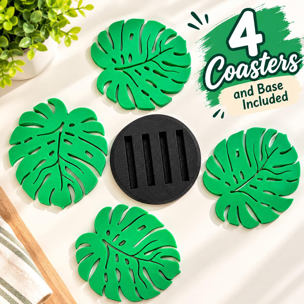 Monstera Leaf Coasters Set of 4 with Holder, 3D Printed Coasters, Tropical Home Decor, Plant Lover Gift, Green Drink Coaster Set