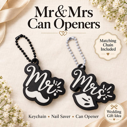 Mr and Mrs can opener keychains with text highlighting the included matching chain, wedding gift idea, and nail saver function.