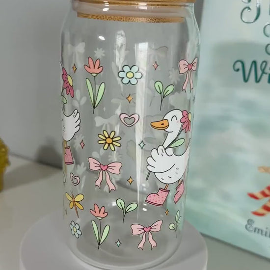 Floral Goose Glass Cup | Cottagecore Iced Coffee Tumbler (Bamboo Lid, Glass Straw)