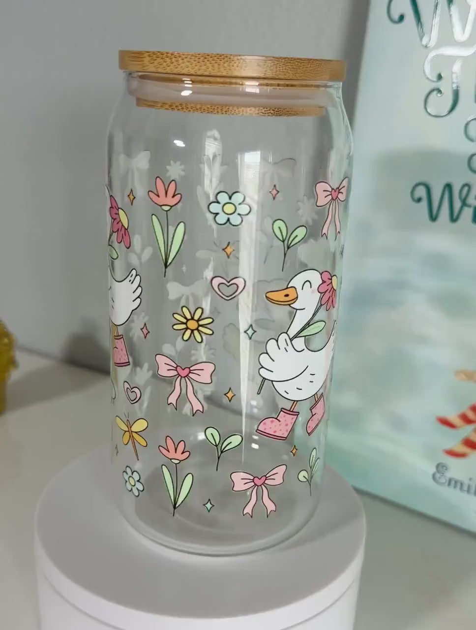 Floral Goose Glass Cup | Cottagecore Iced Coffee Tumbler (Bamboo Lid, Glass Straw)